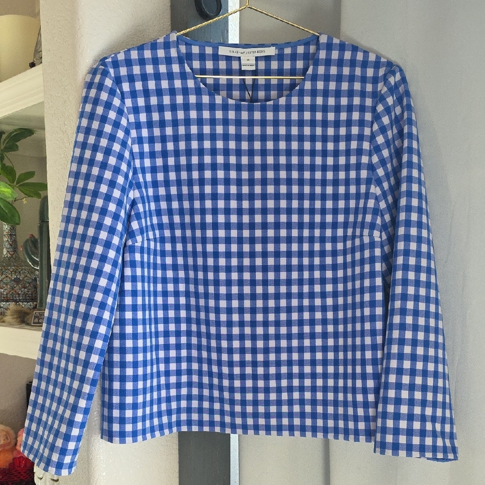 Diane von Furstenberg Blue & White Gingham Top Size 14 Side Zip Stretch